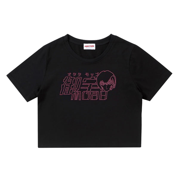 OTAKU MOBB -  Crystal-embellished Logo Baby Tee (Black / Pink)